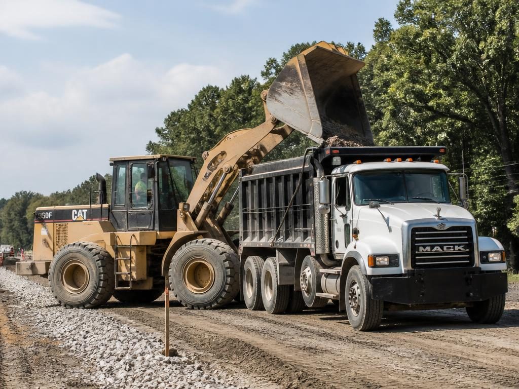 Bucket tractor and truck working on a road construction site